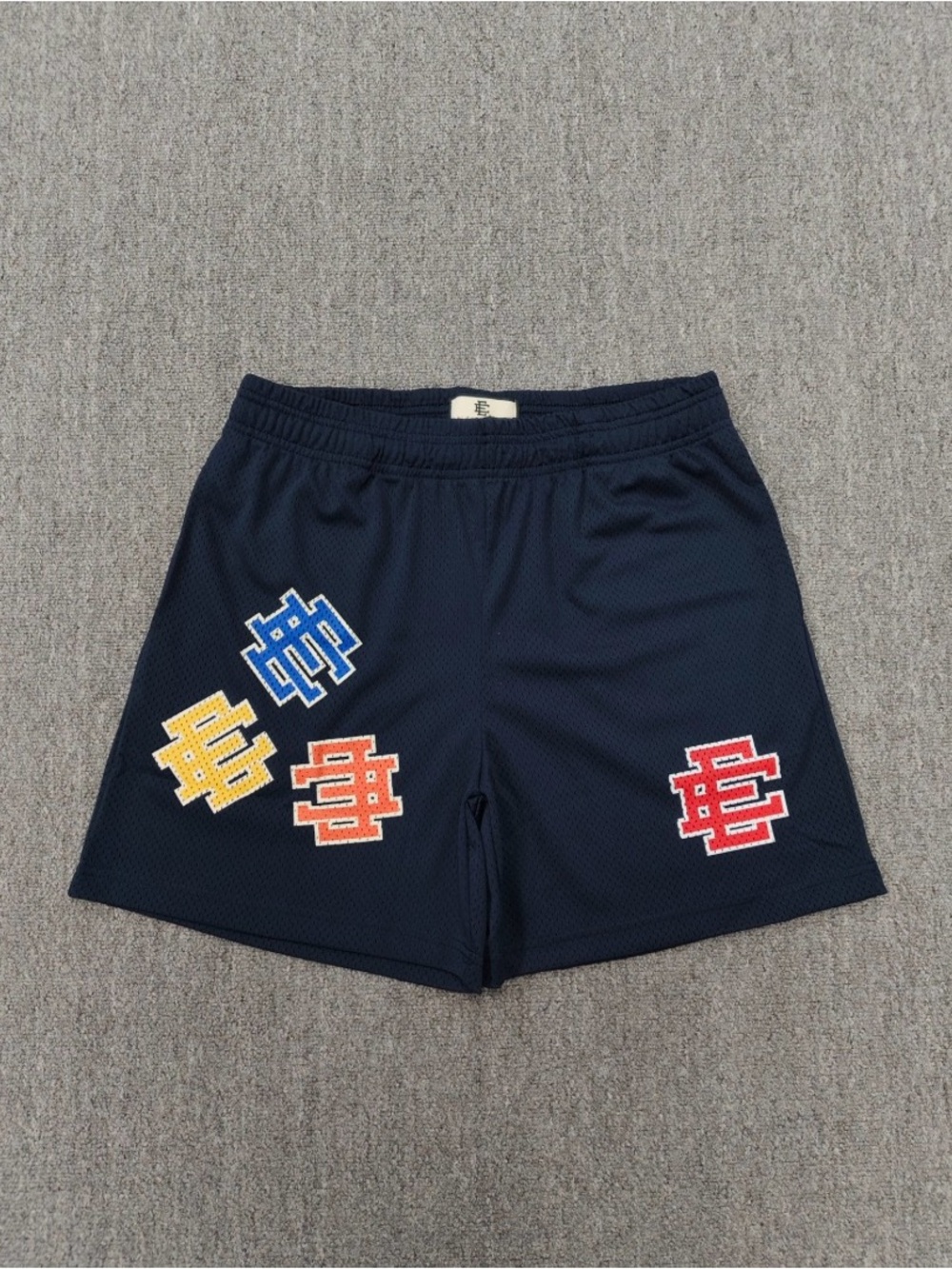 Eric Emanuel Navy Athletic Mesh Shorts with Multicolor Patch Logos